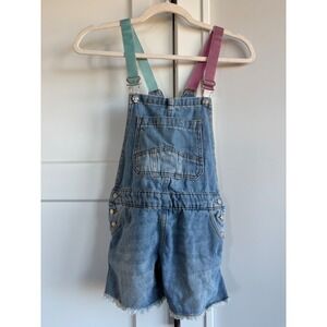 Zara Girls Denim Shorts Overalls Size 8 Blue Frayed Hem Adjustable Straps